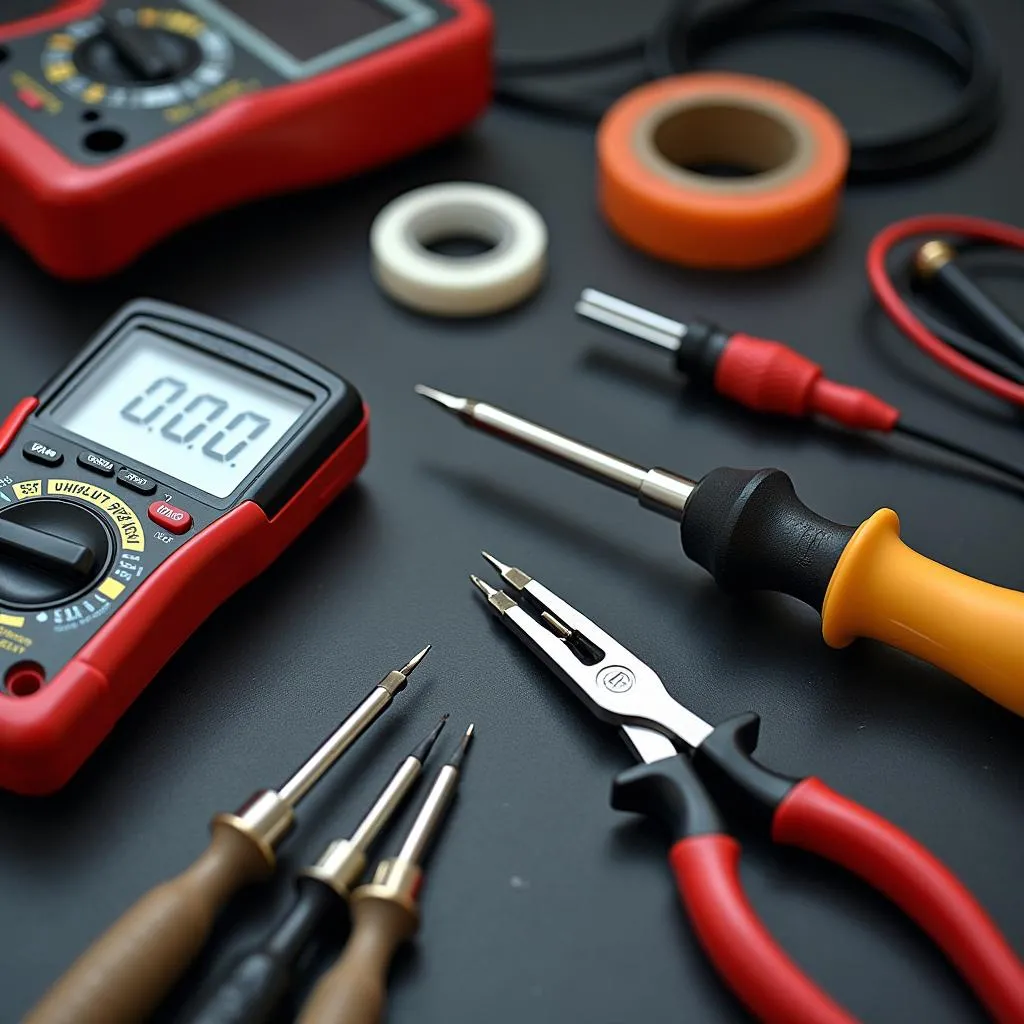 Car audio repair tools neatly arranged on a workbench.