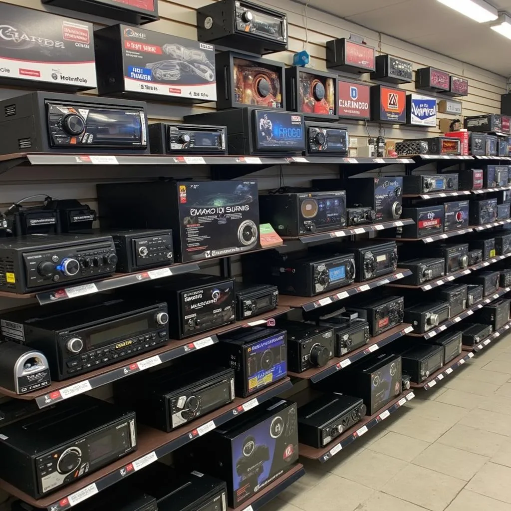 A wide selection of car radios at a shop