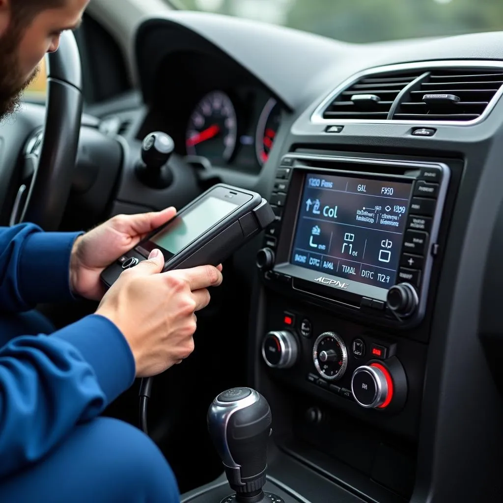 Car audio technician diagnosing an Alpine radio with diagnostic equipment