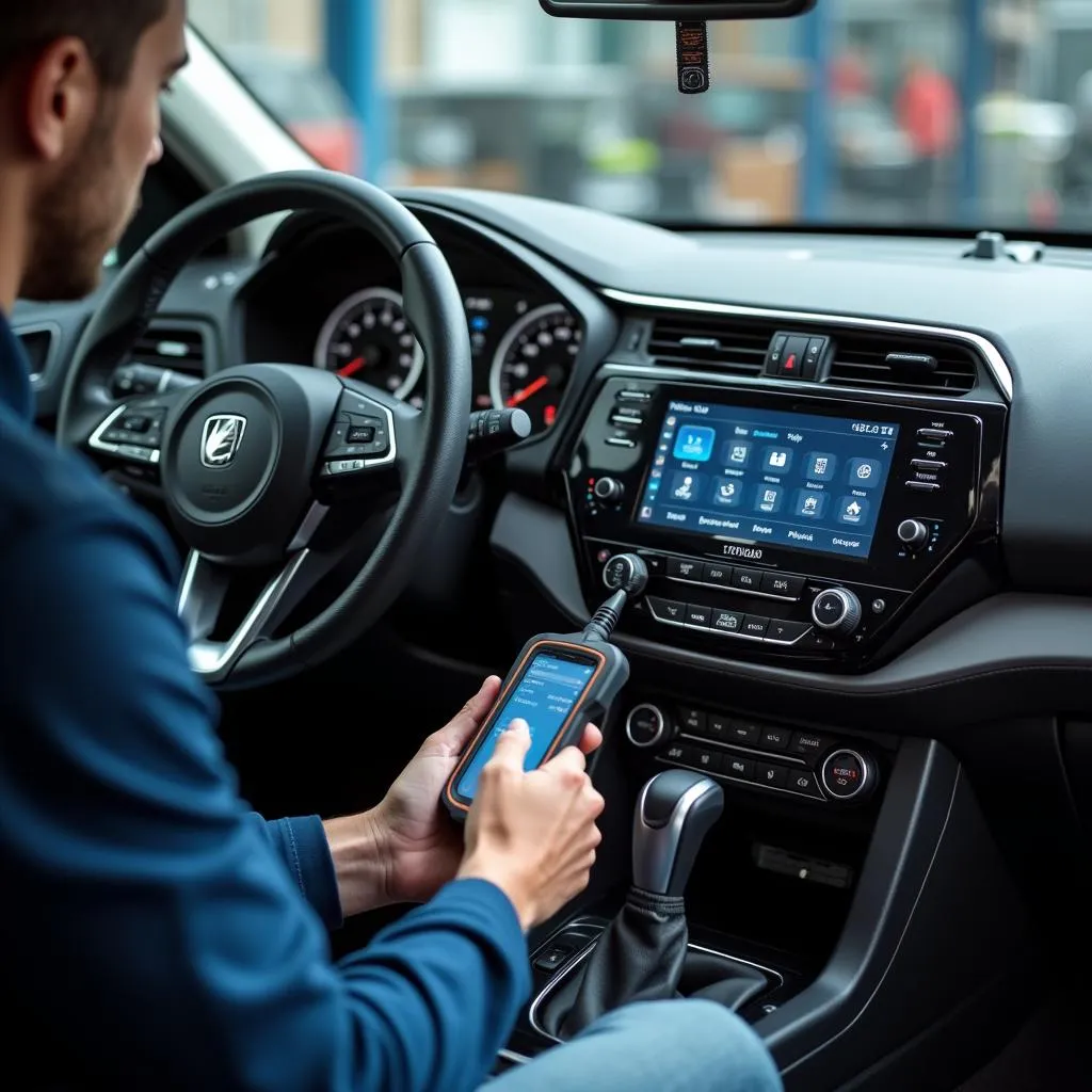 Car audio technician diagnosing a Bluetooth issue