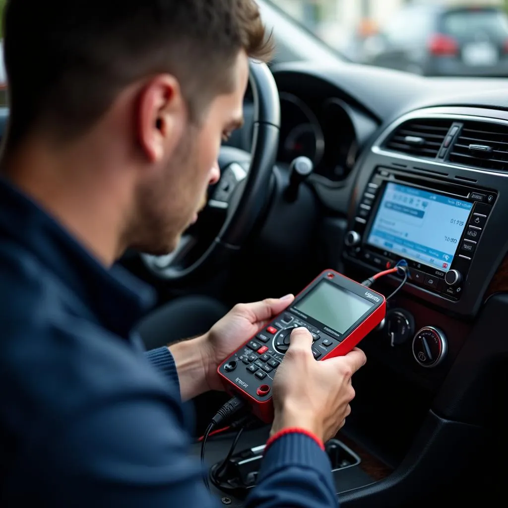 Car audio technician diagnosing a problem