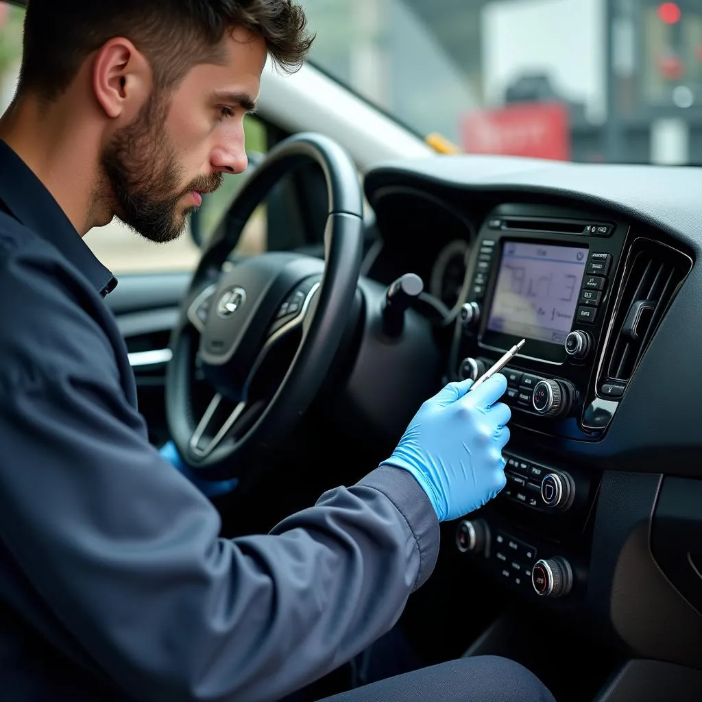 Professional Car Audio Technician Diagnosing a Problem