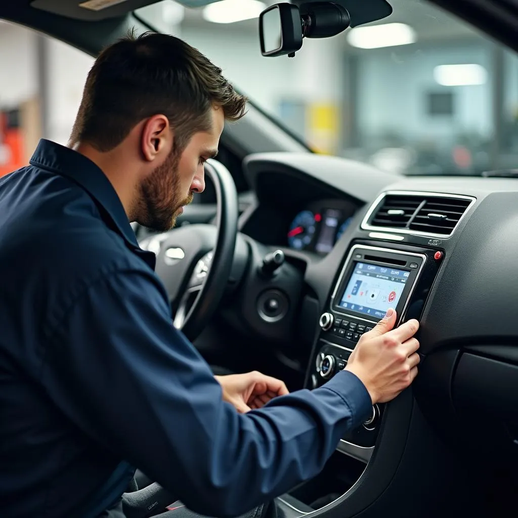 A skilled car audio technician using diagnostic equipment to troubleshoot a car radio problem.