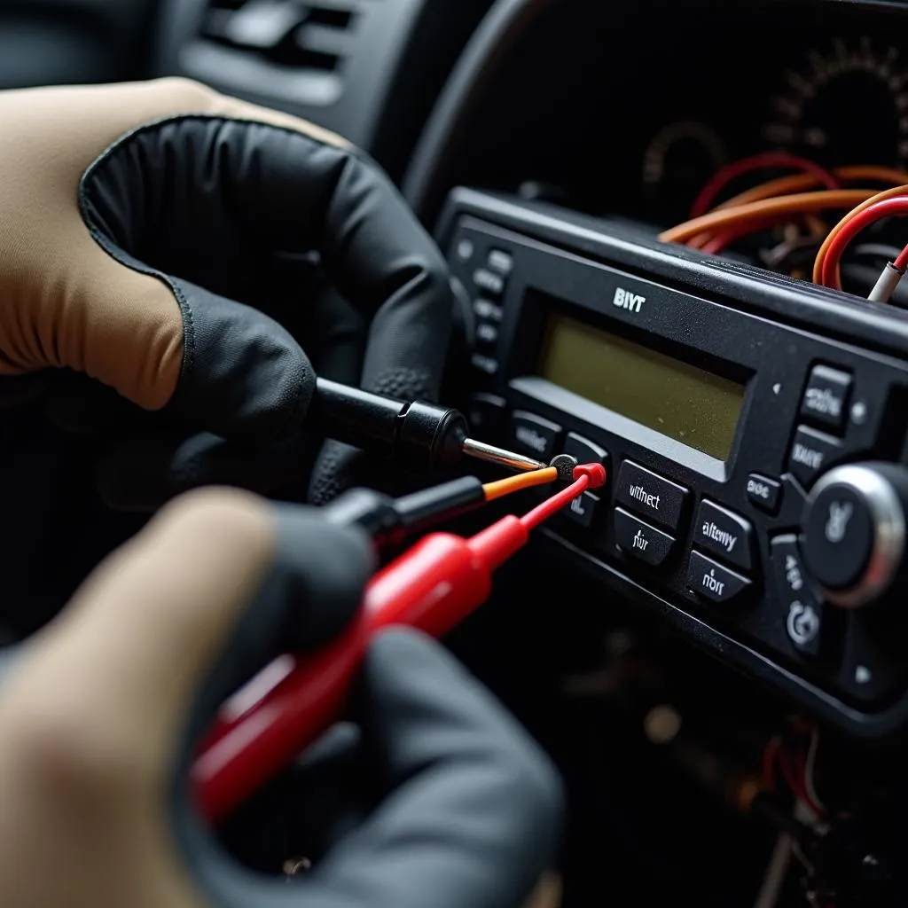 Car audio technician using a multimeter to diagnose a car radio problem