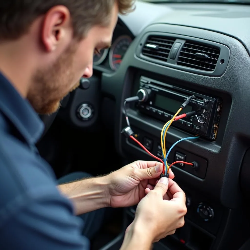 Car audio technician working on wiring