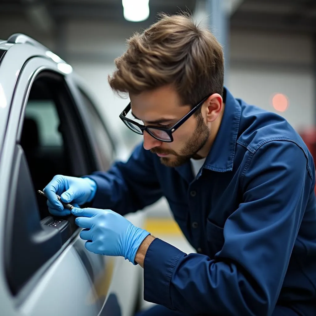 Mechanic inspecting car Bluetooth antenna