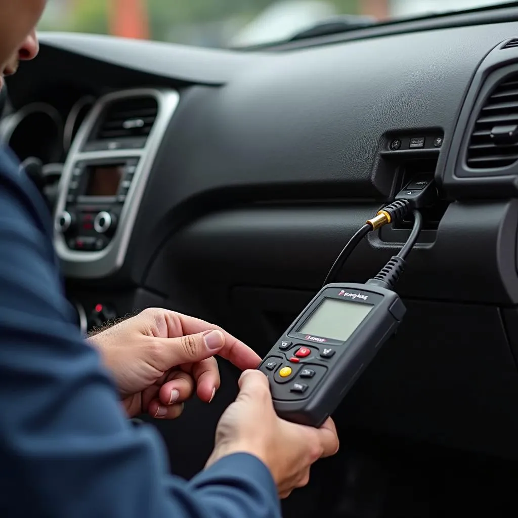 Mechanic reprogramming a car computer system