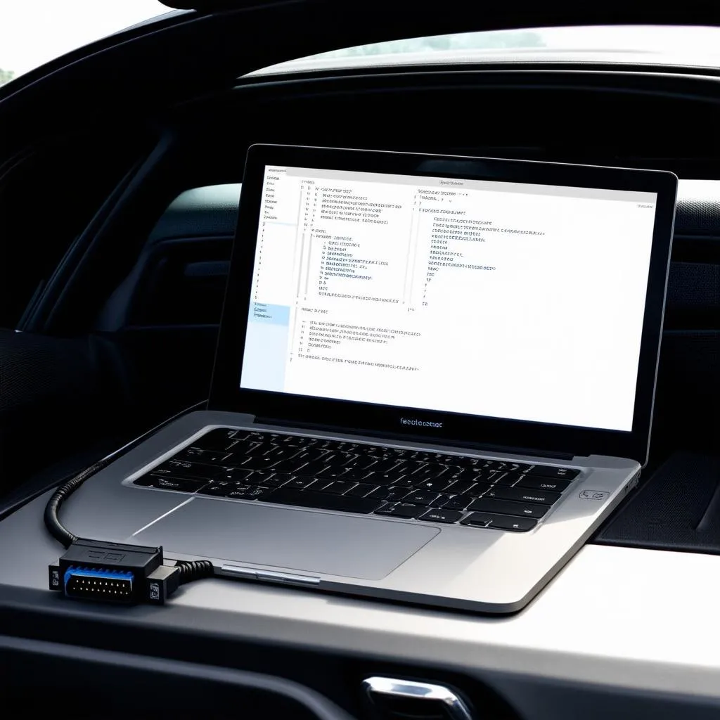 Laptop Connected to Car for Diagnostics