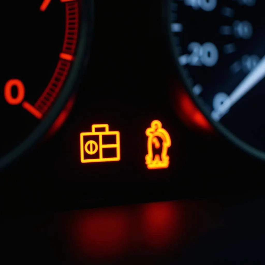 Car dashboard with warning lights illuminated