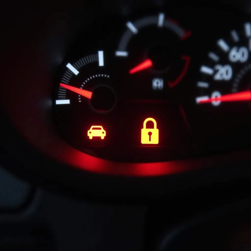 Car dashboard with warning lights illuminated