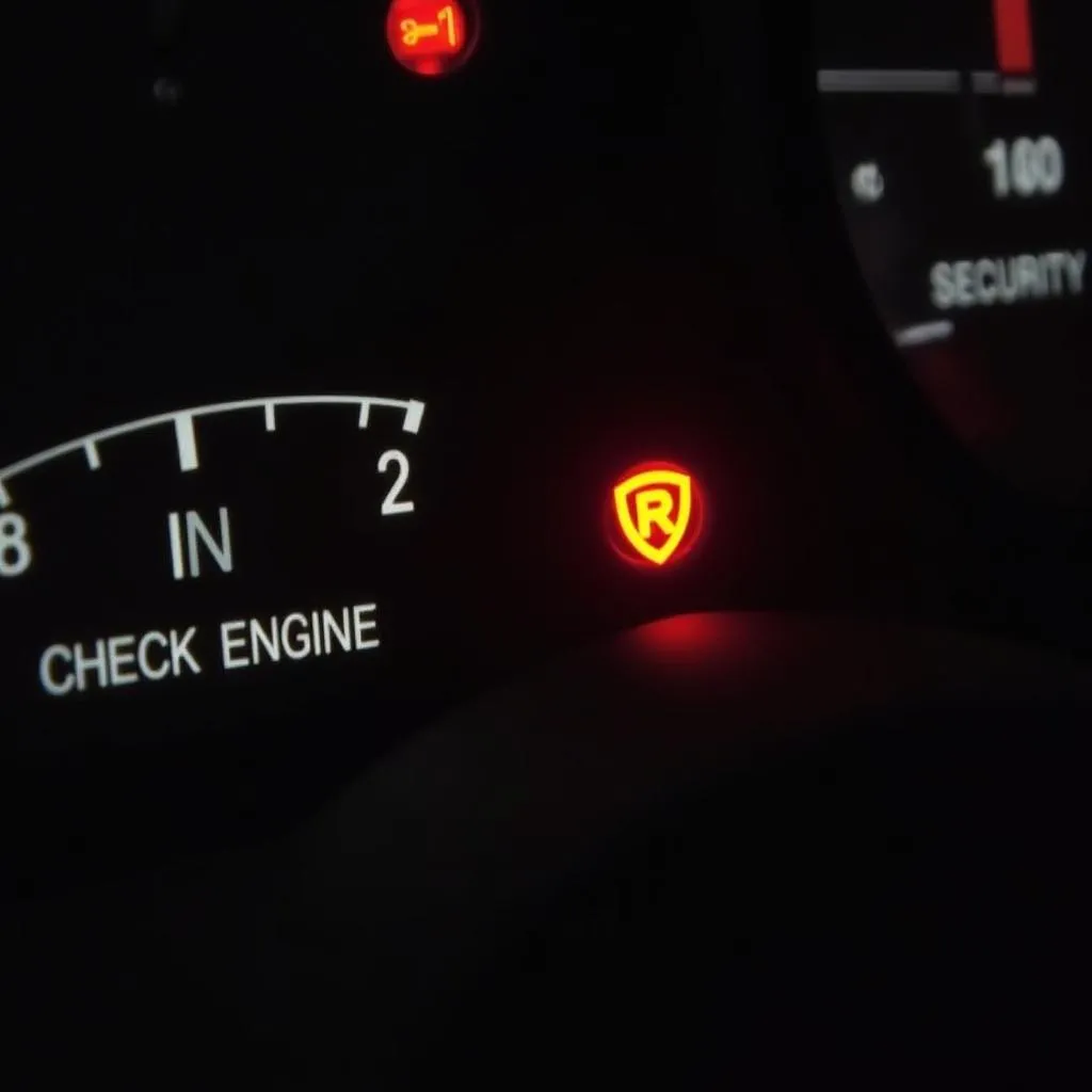 Car dashboard with warning lights illuminated