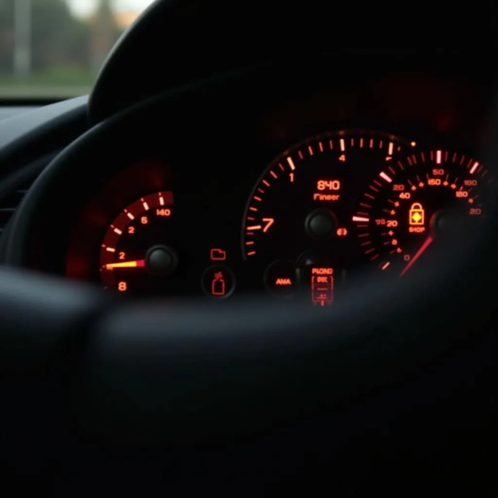 Car dashboard with warning lights illuminated