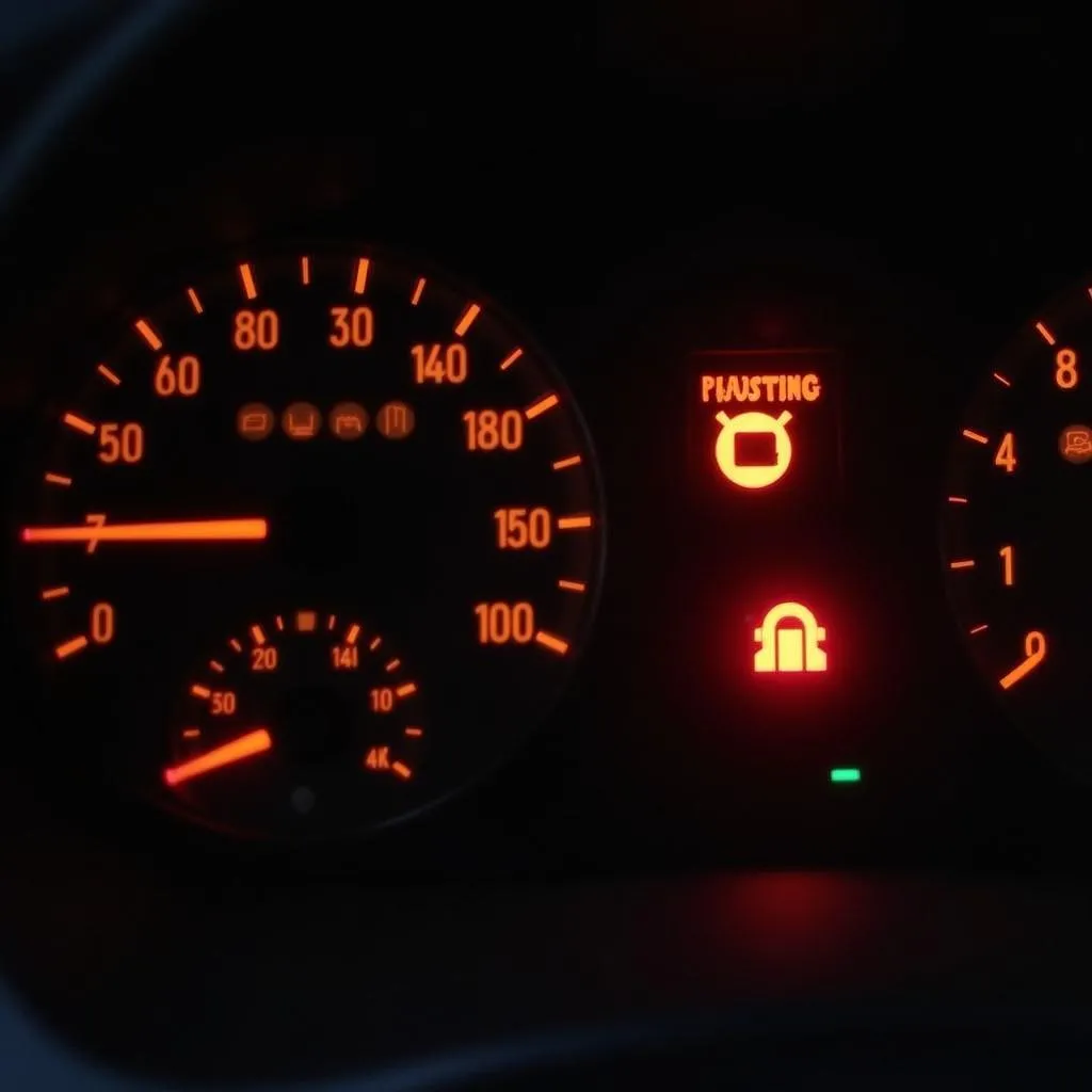 Car dashboard with warning lights illuminated