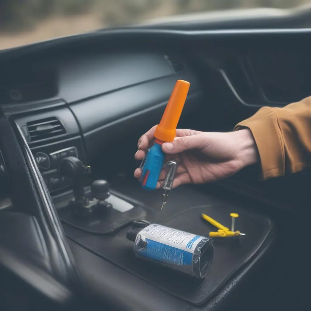 Car Dashboard with Screwdriver and Lubricant