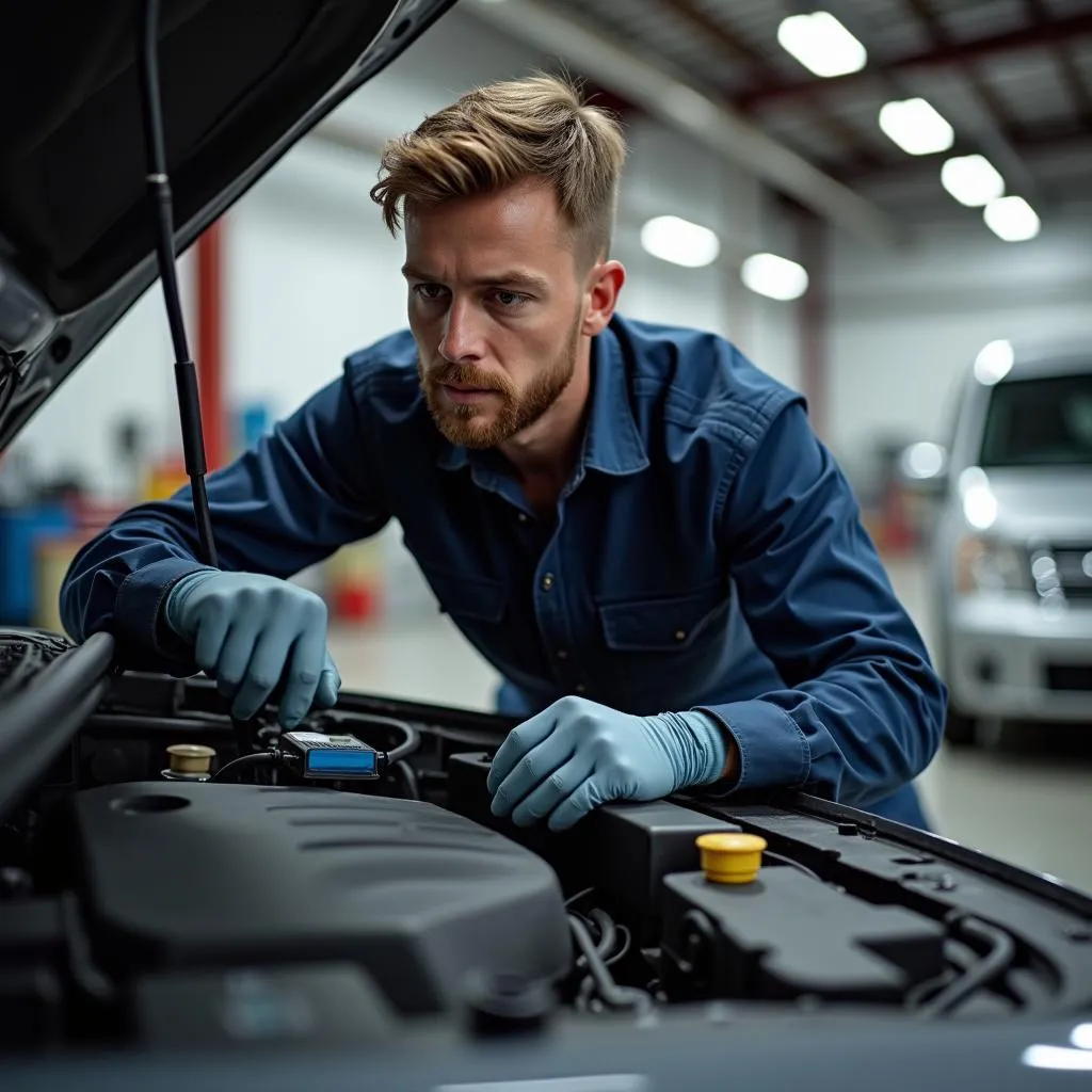 Mechanic using diagnostic tool on car