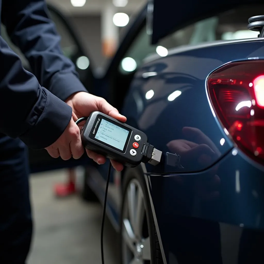 Car diagnostic equipment plugged into a vehicle's OBD-II port