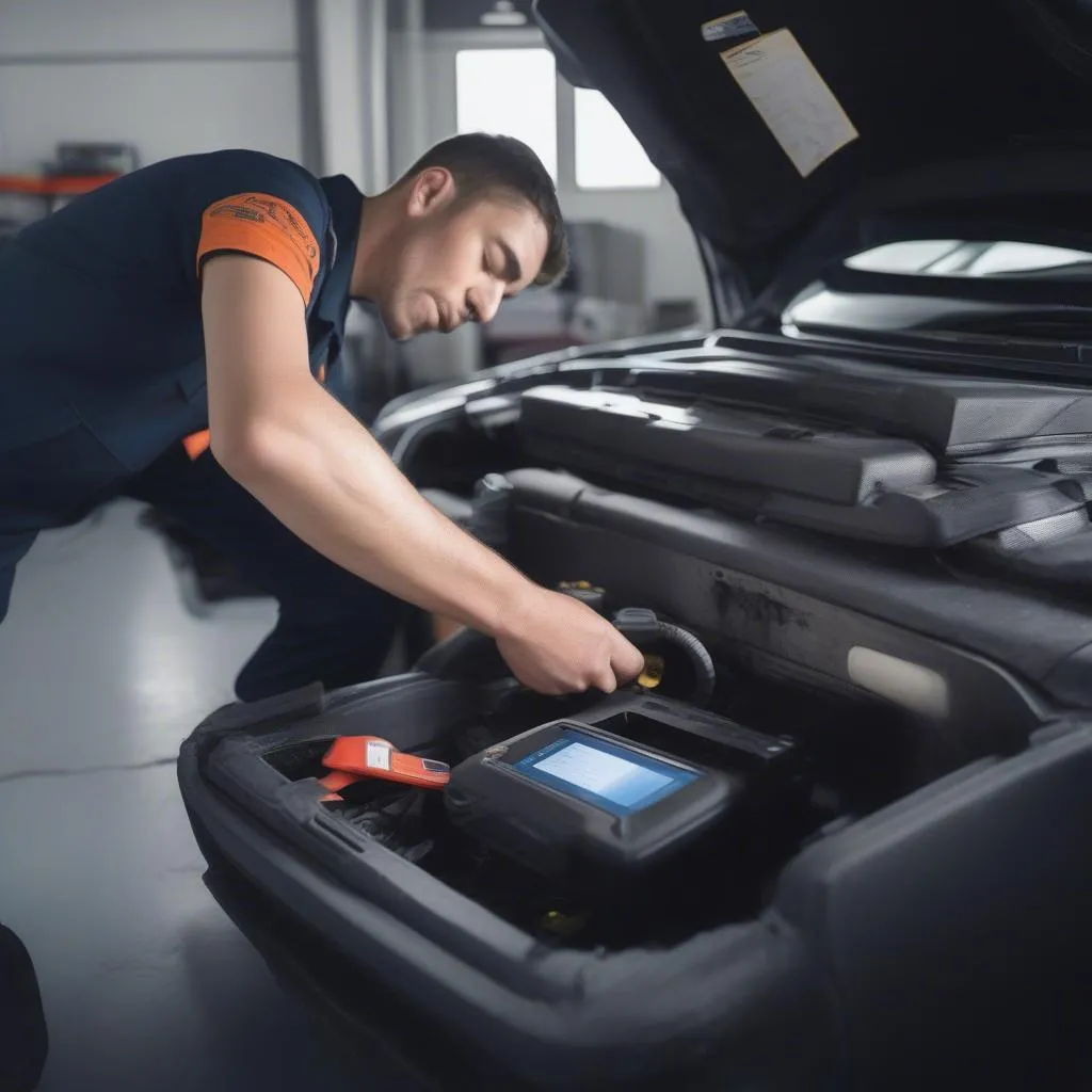 Mechanic Using OBD-II Scanner on a Car