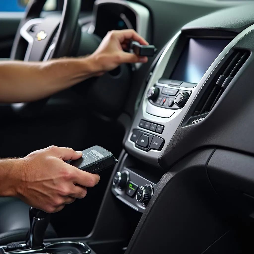 Mechanic Using a Diagnostic Scanner on a Chevy Equinox