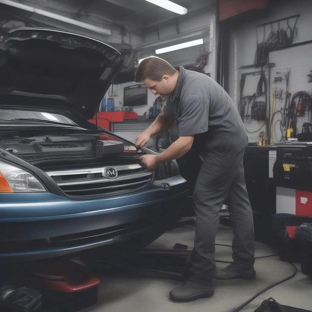 A mechanic using a car diagnostic tool