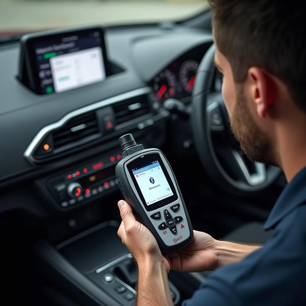 Technician Using a Diagnostic Tool to Check Car Bluetooth Module