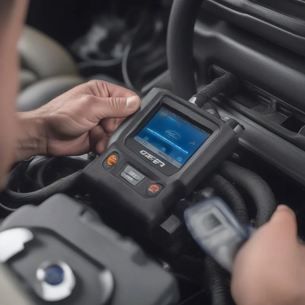 Car diagnostic tool connected to a Ford Explorer