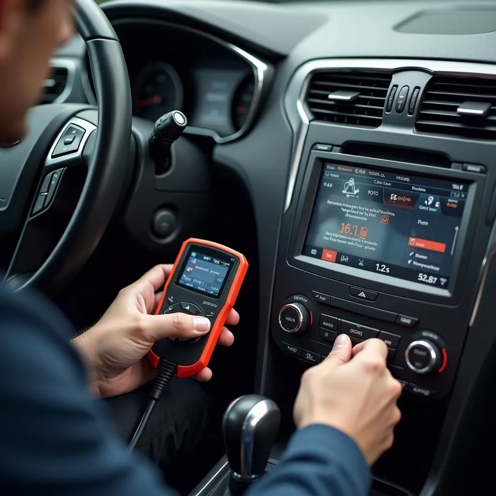 Mechanic using a car diagnostic tool connected to a car's OBD2 port