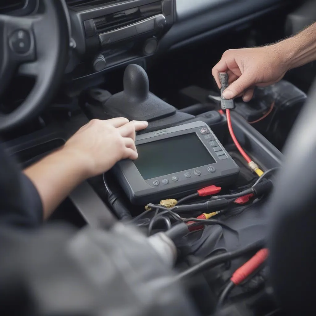 Car diagnostic tool plugged into the OBD-II port