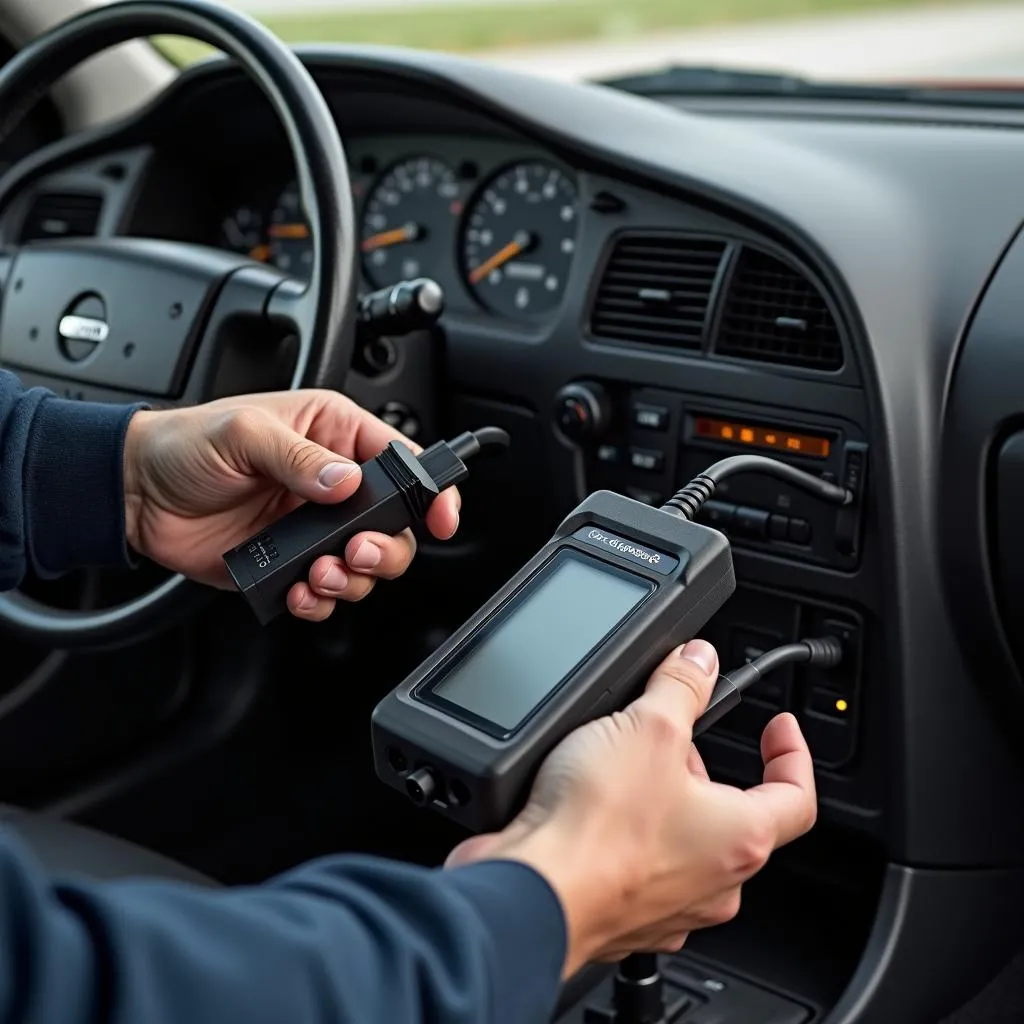 Car diagnostic tool plugged into a car's OBD port