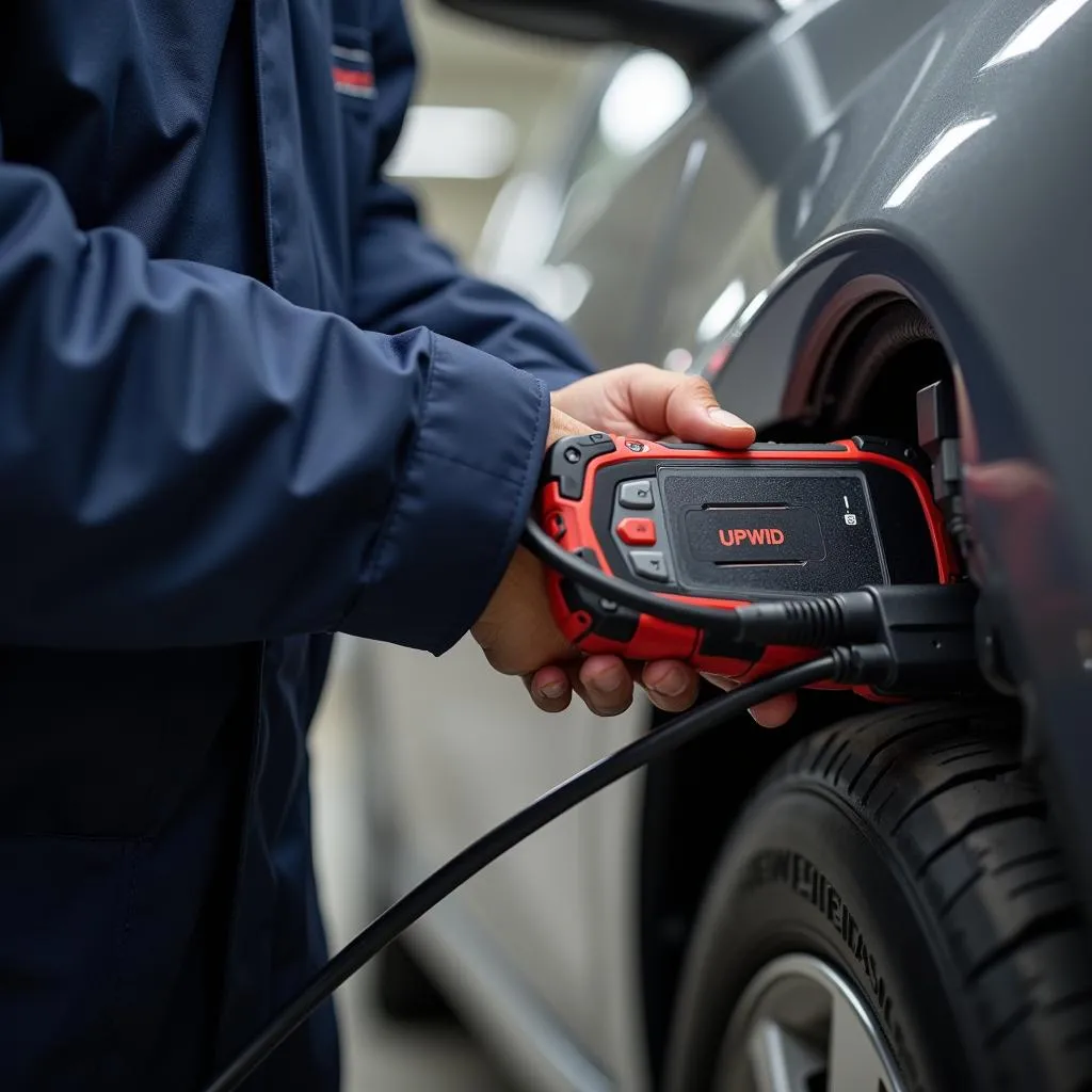 Mechanic using a diagnostic tool on a car