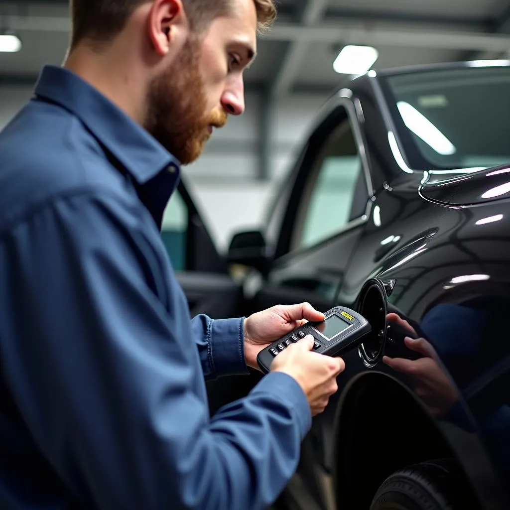 Mechanic using a car diagnostic tool