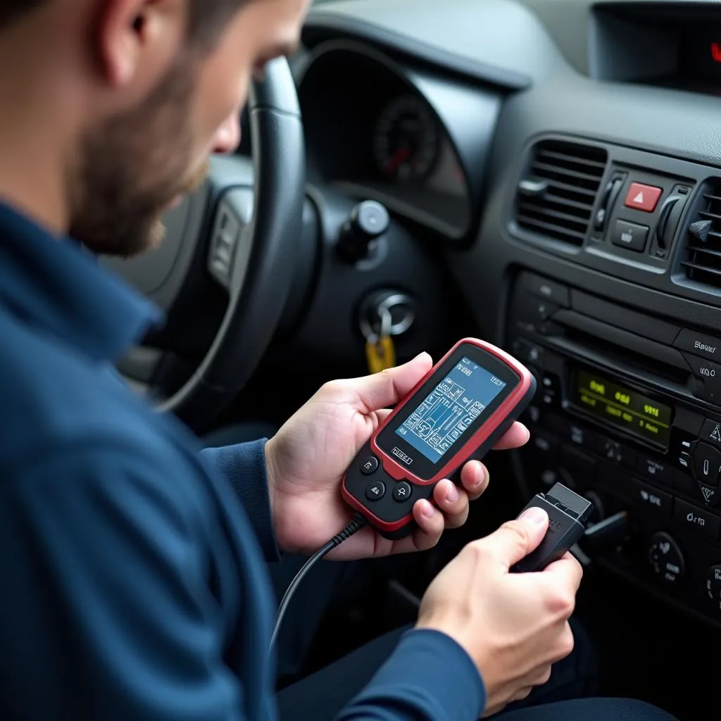 Mechanic using an OBD2 scanner on a car