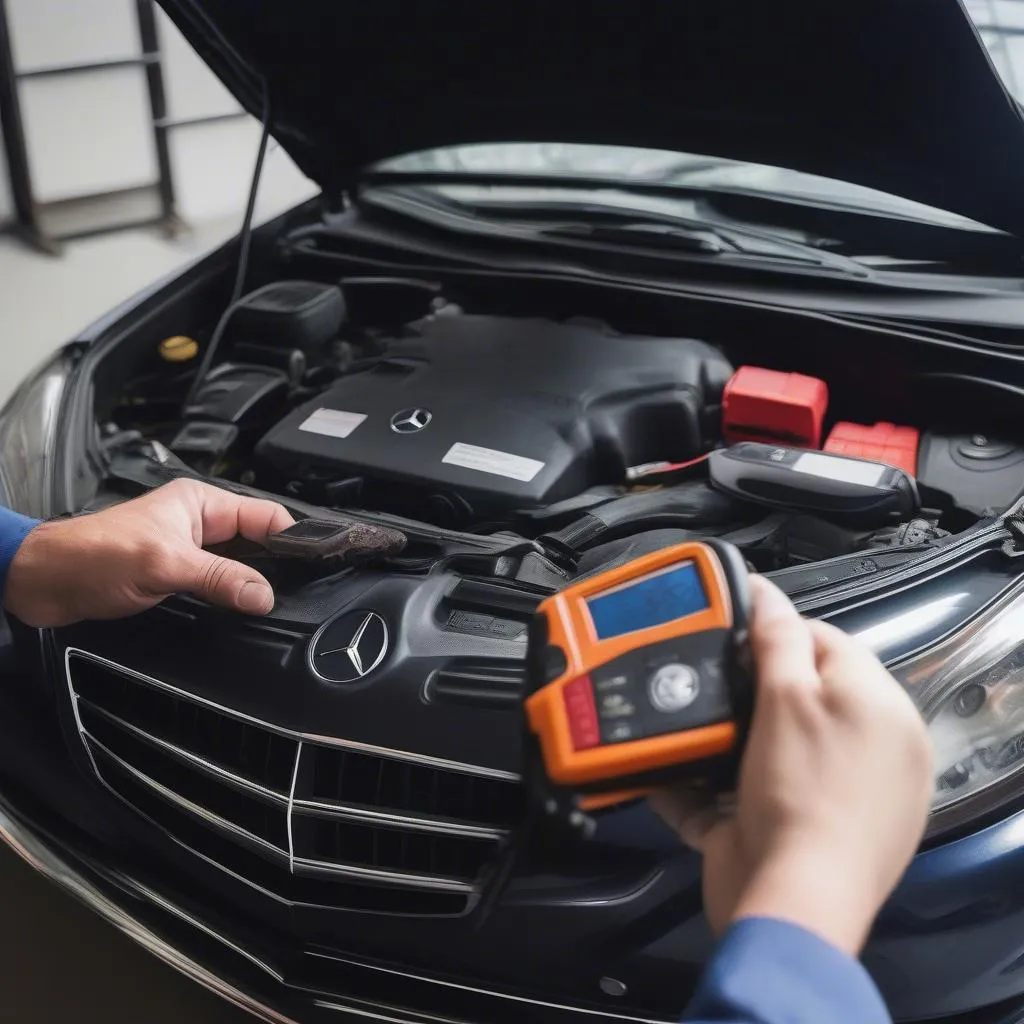 Mechanic using a car diagnostic tool