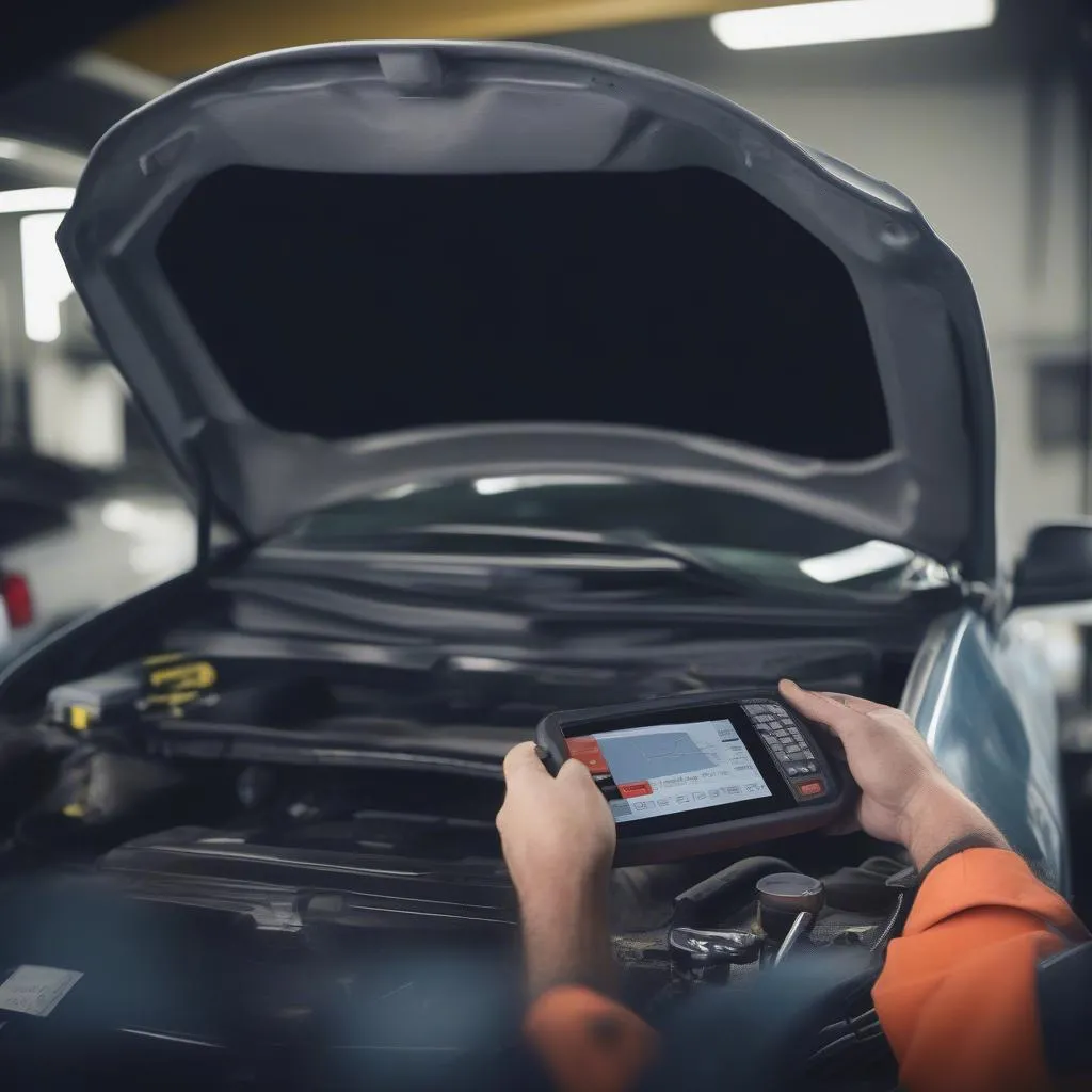 Mechanic using a professional car diagnostic tool to troubleshoot issues