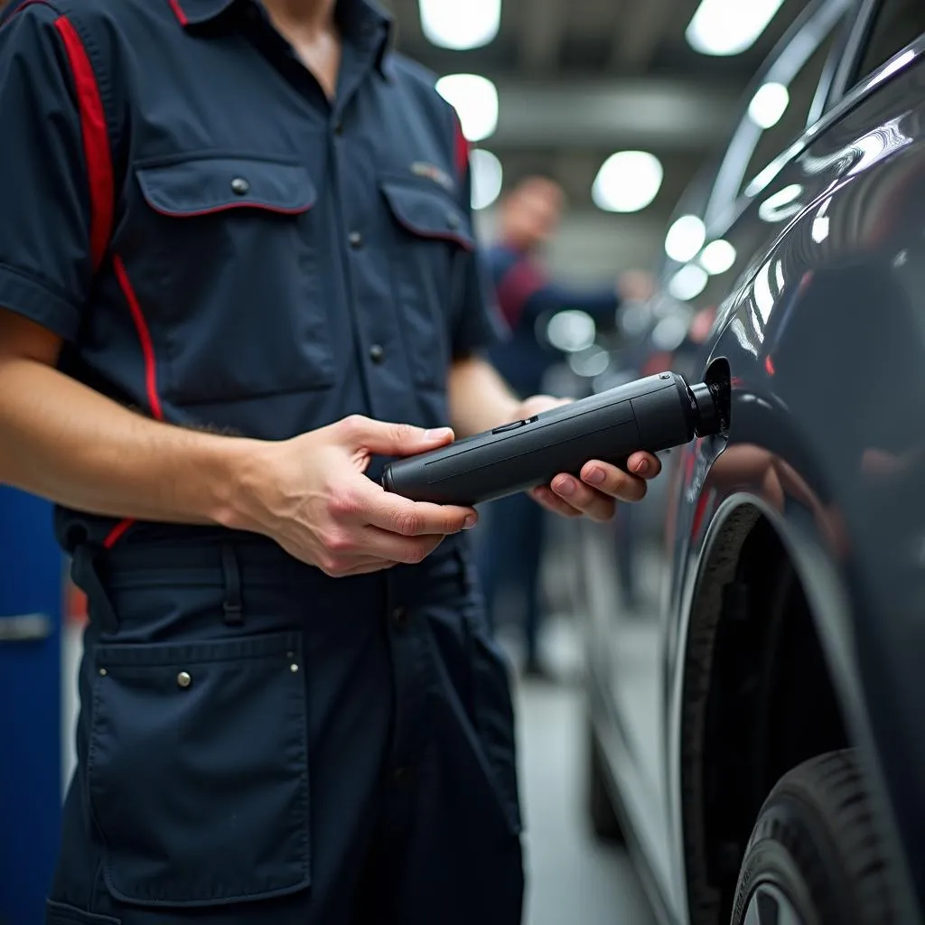 Mechanic using a car diagnostic tool