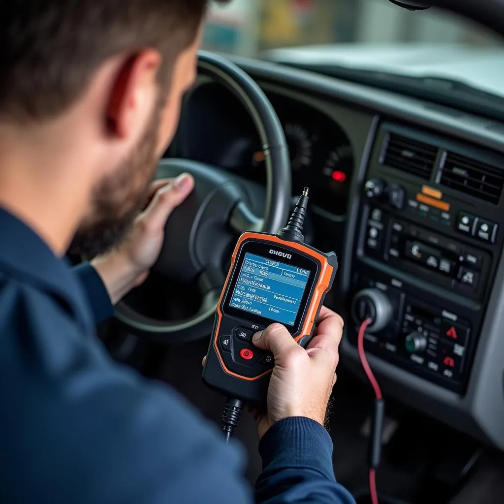 Mechanic using a car diagnostic tool on a Isuzu Trooper