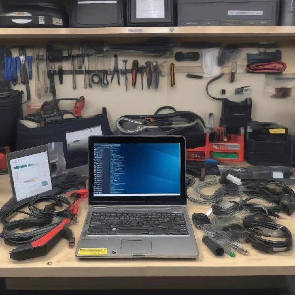 Car diagnostic tools spread on a workbench