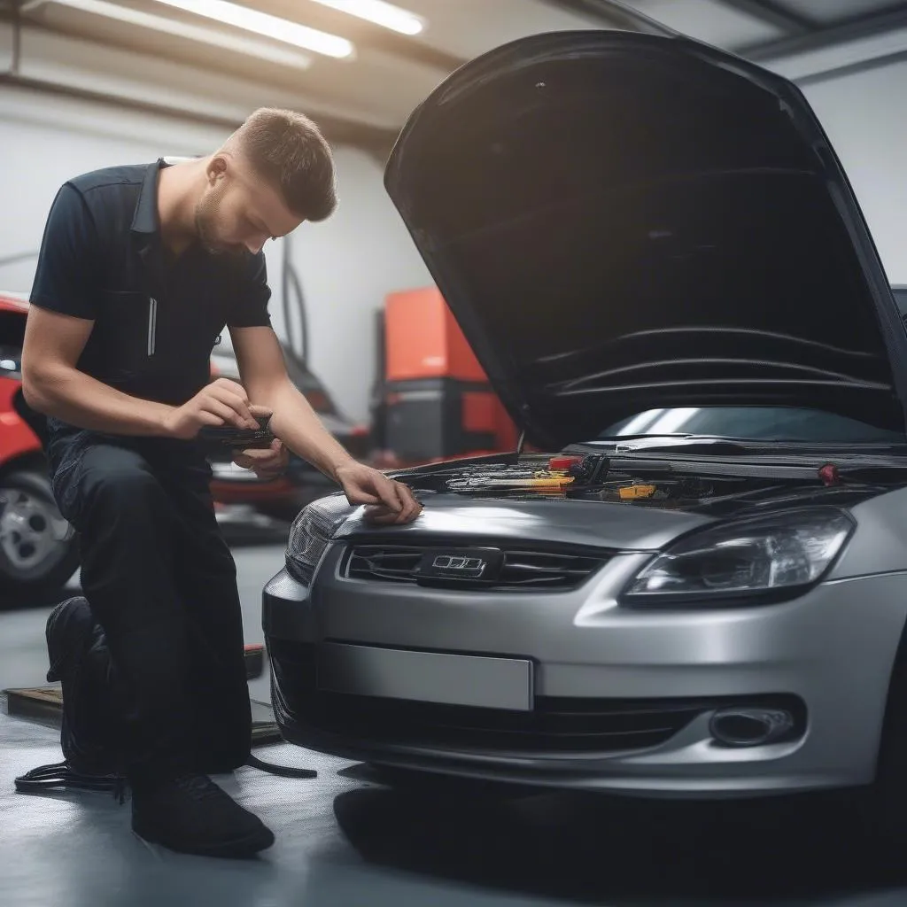 A mechanic using professional car diagnostic tools