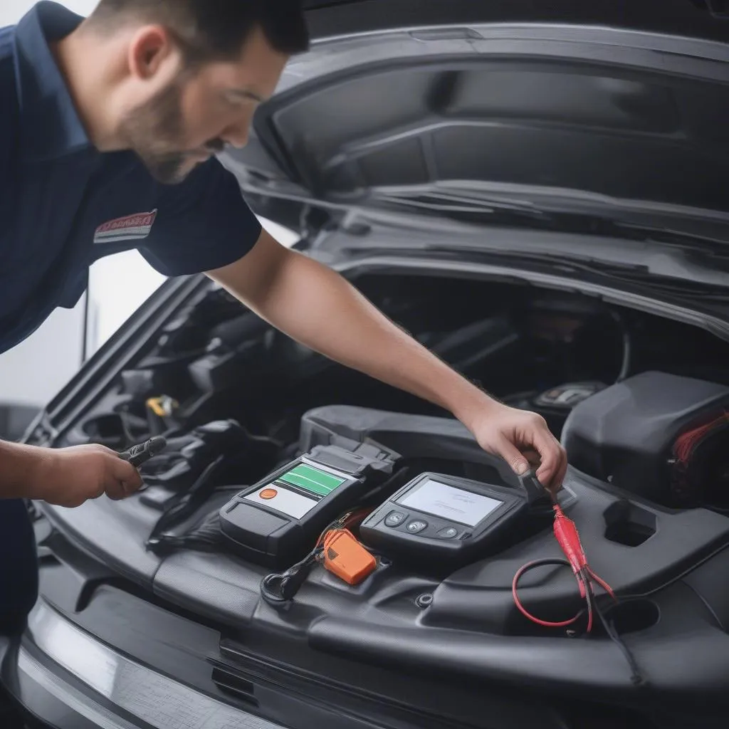 Mechanic using professional diagnostic tools on a car