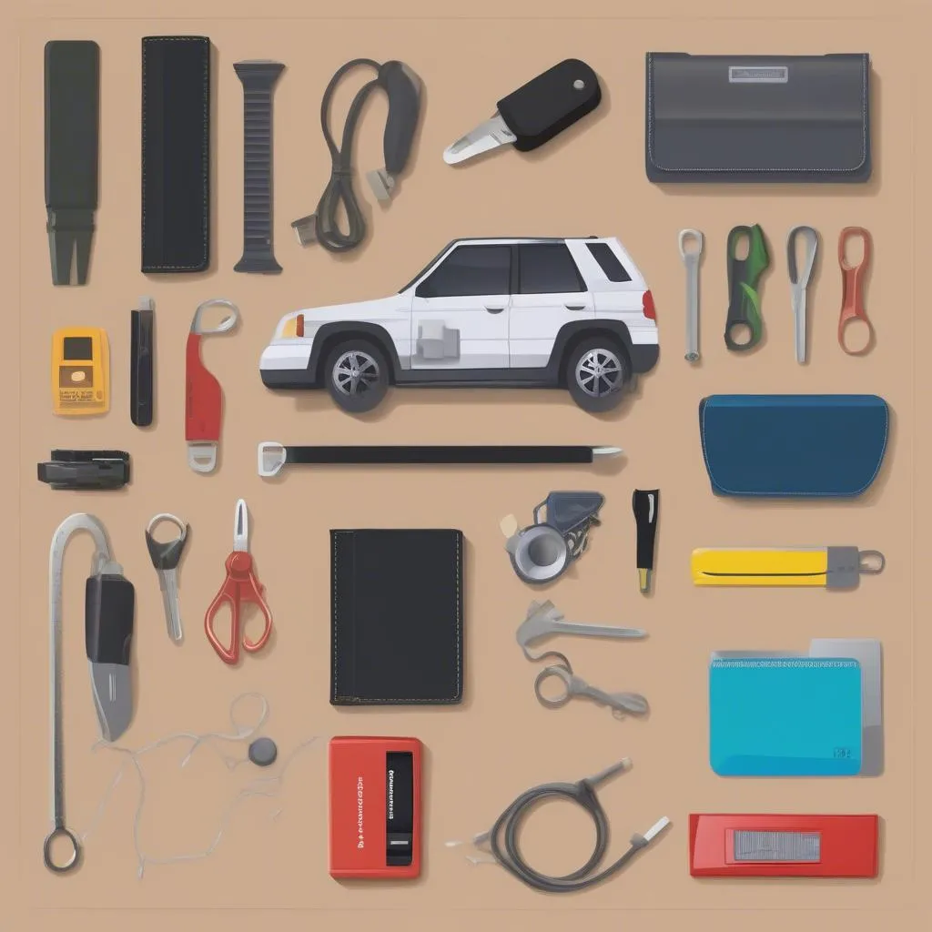 Image of various car diagnostic tools and an anti theft wallet.