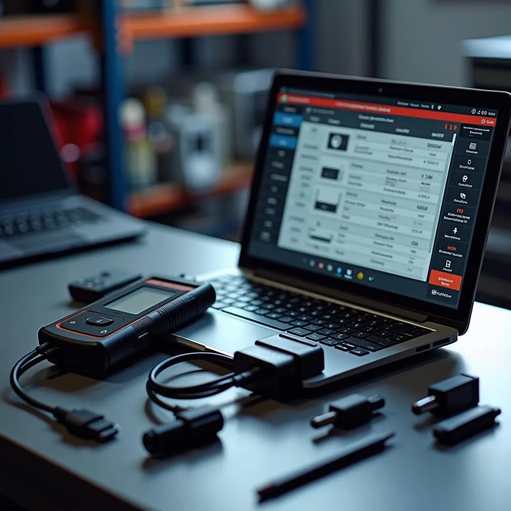 An assortment of car diagnostic tools laid out on a workbench