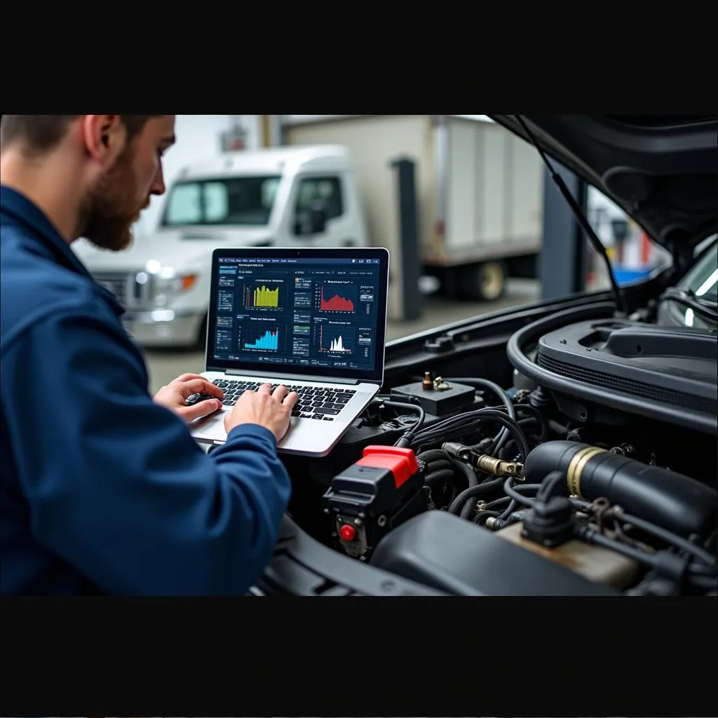 Car diagnostic with laptop showing data analysis