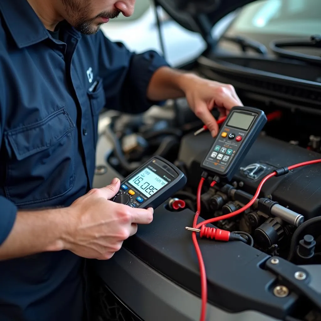 Mechanic using car diagnostic tools