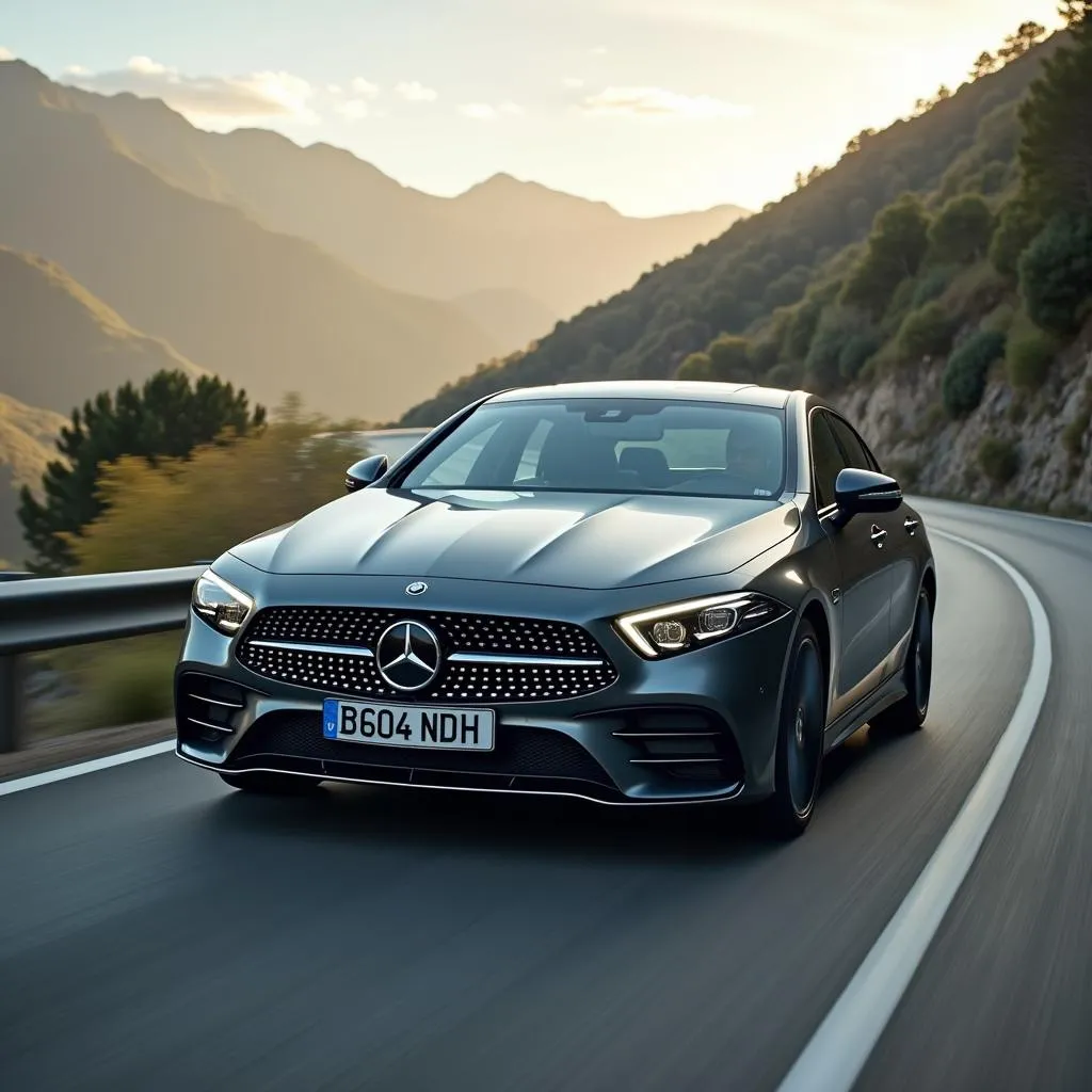 Modern car driving smoothly on a scenic road