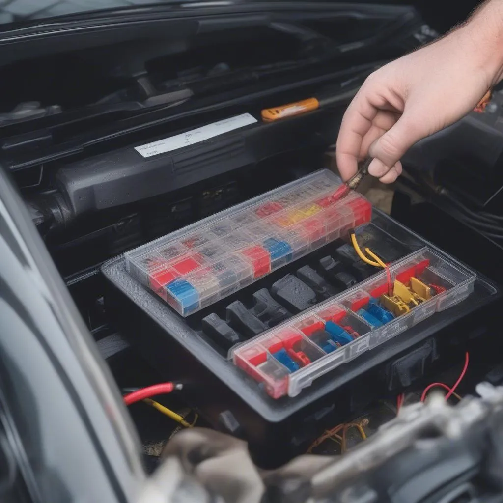 Technician inspecting car fuse box