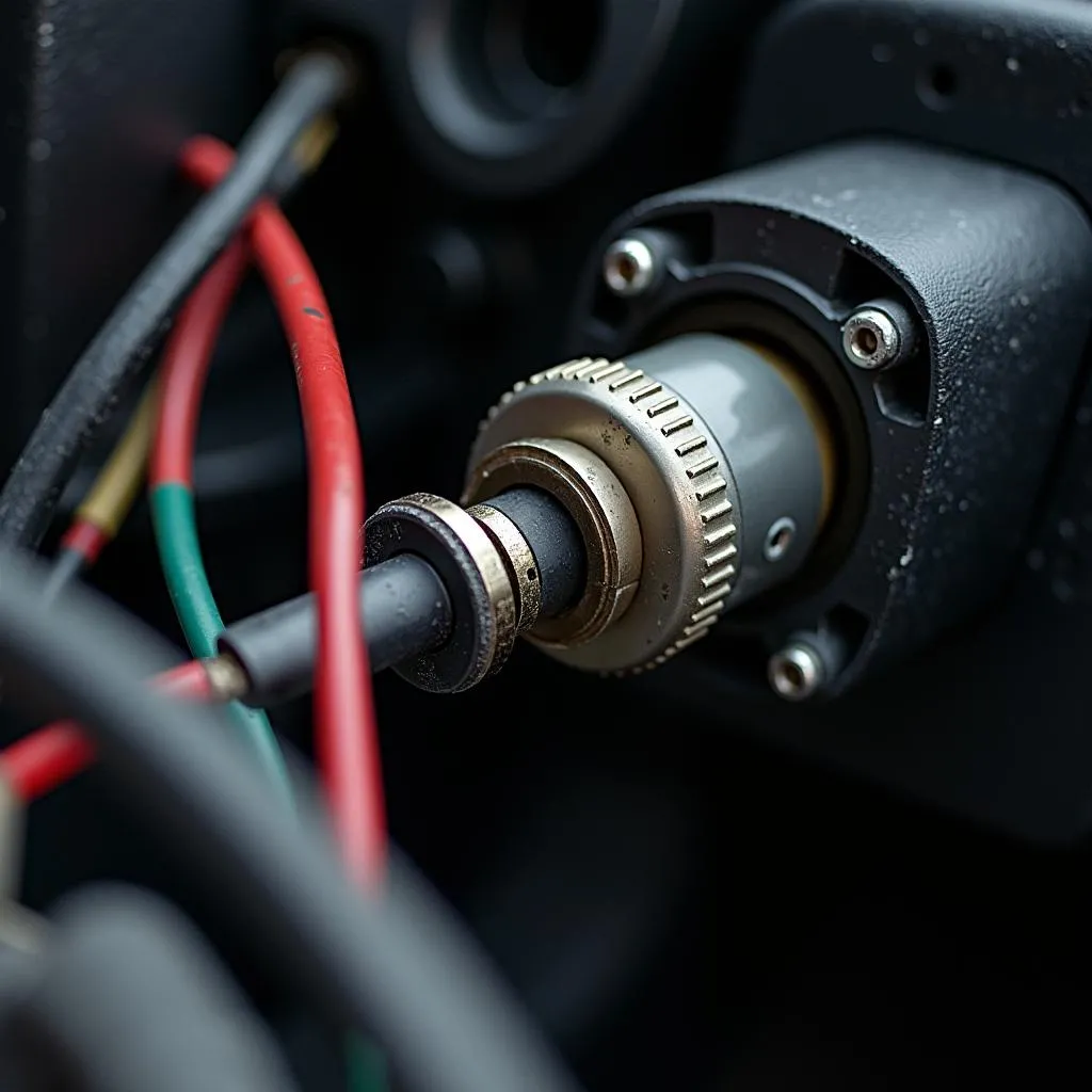 Close-up view of car ignition cylinder and wiring