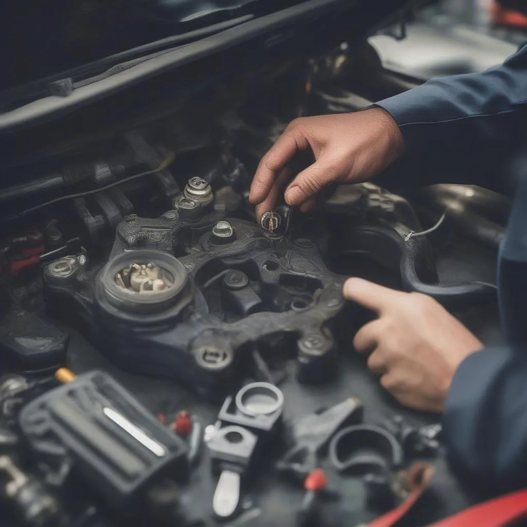 Close-up of a mechanic repairing a car ignition switch