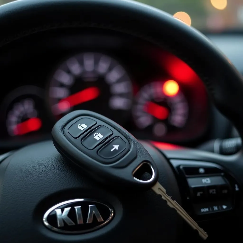 Car key fob and dashboard with a flashing security indicator light