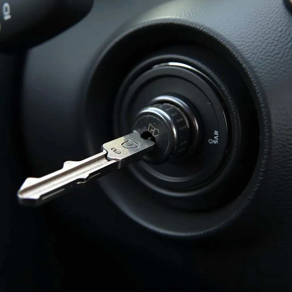 Car key inserted into ignition cylinder