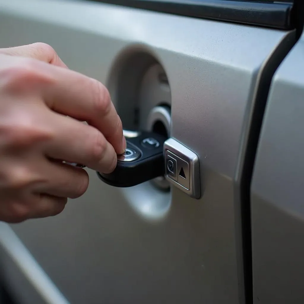 Car key inserted into a car door lock