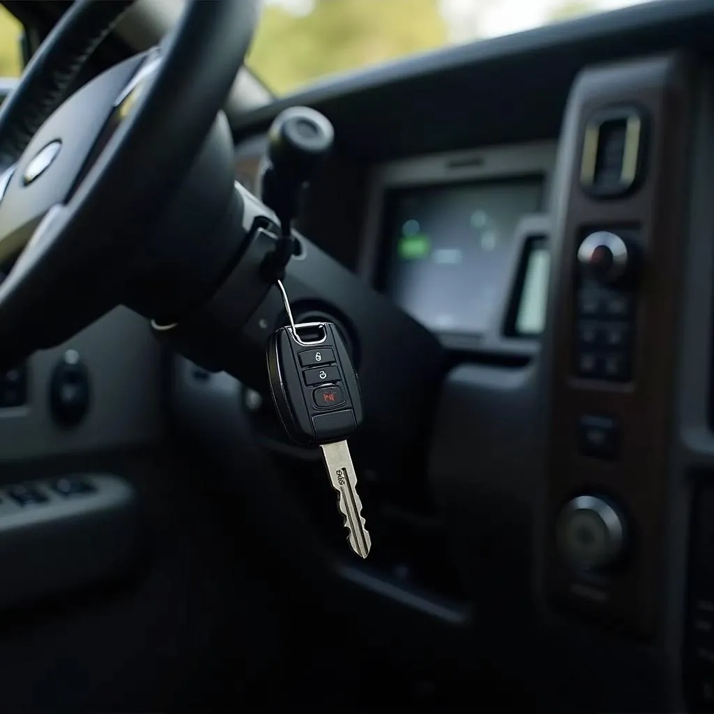 Car key inserted into ignition in the &quot;On&quot; position.